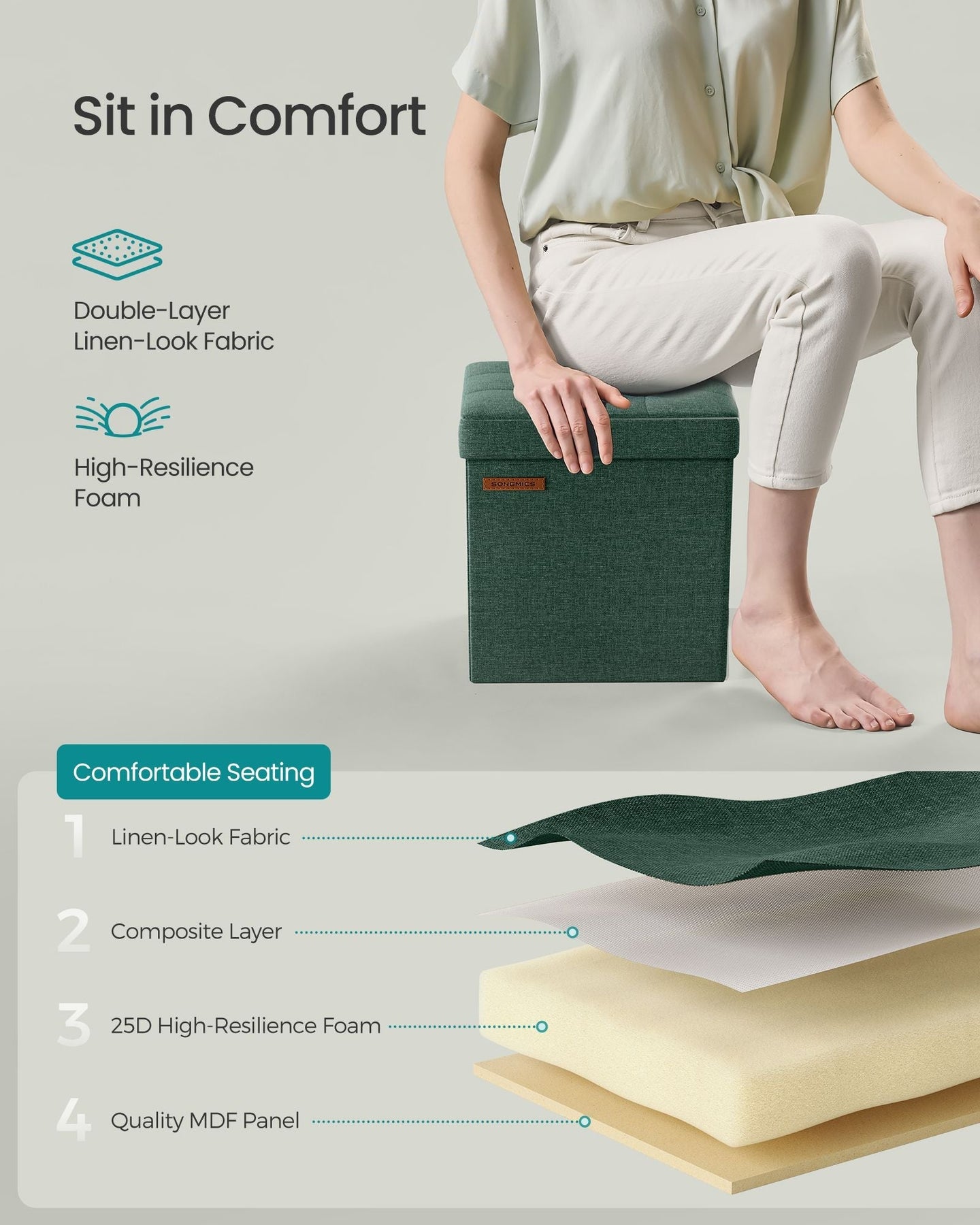 Storage Ottoman - Fabric - Retro Green - Foldable Design