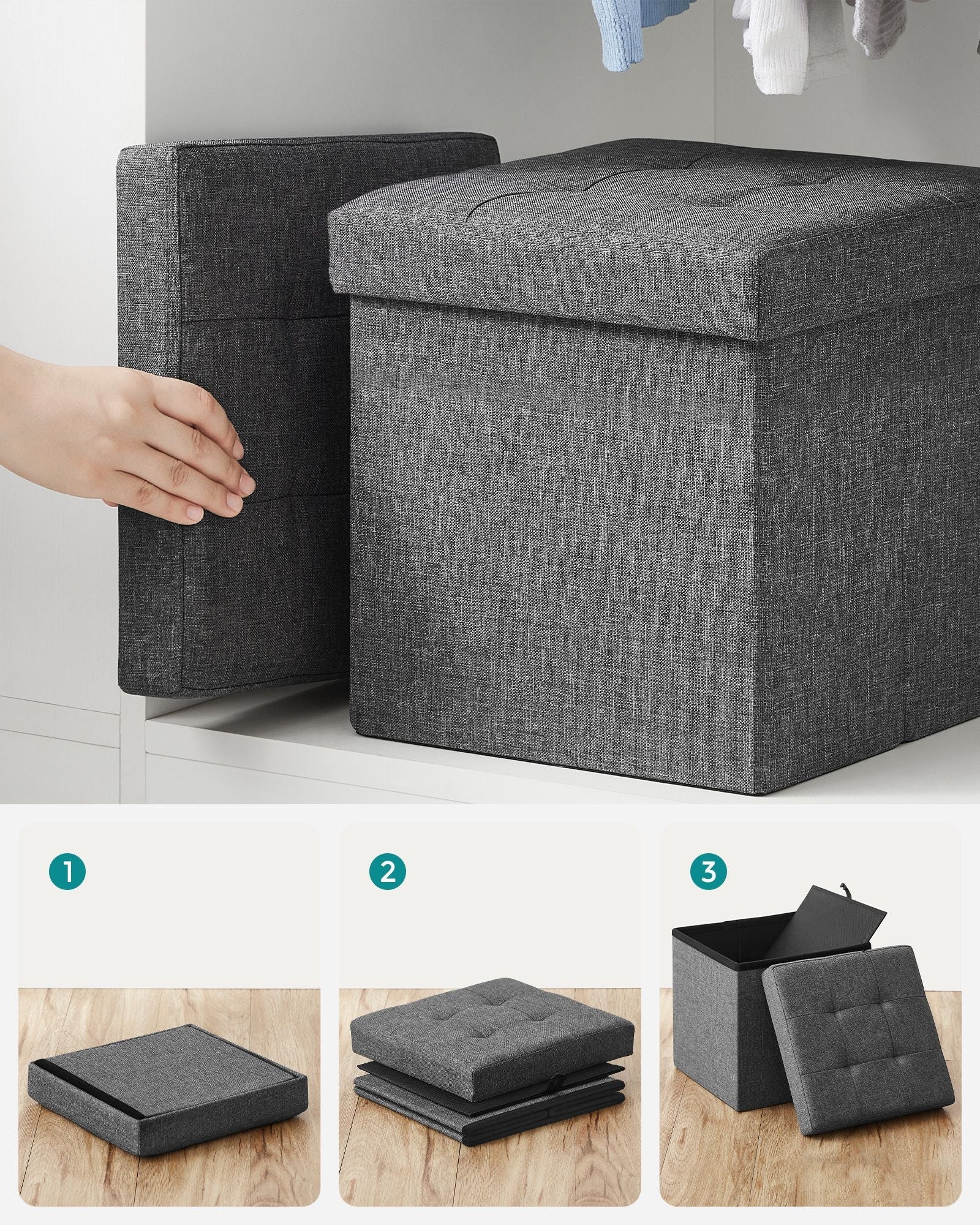 Storage Ottoman - Fabric - Dark Grey - Versatile Footrest and Storage Solution