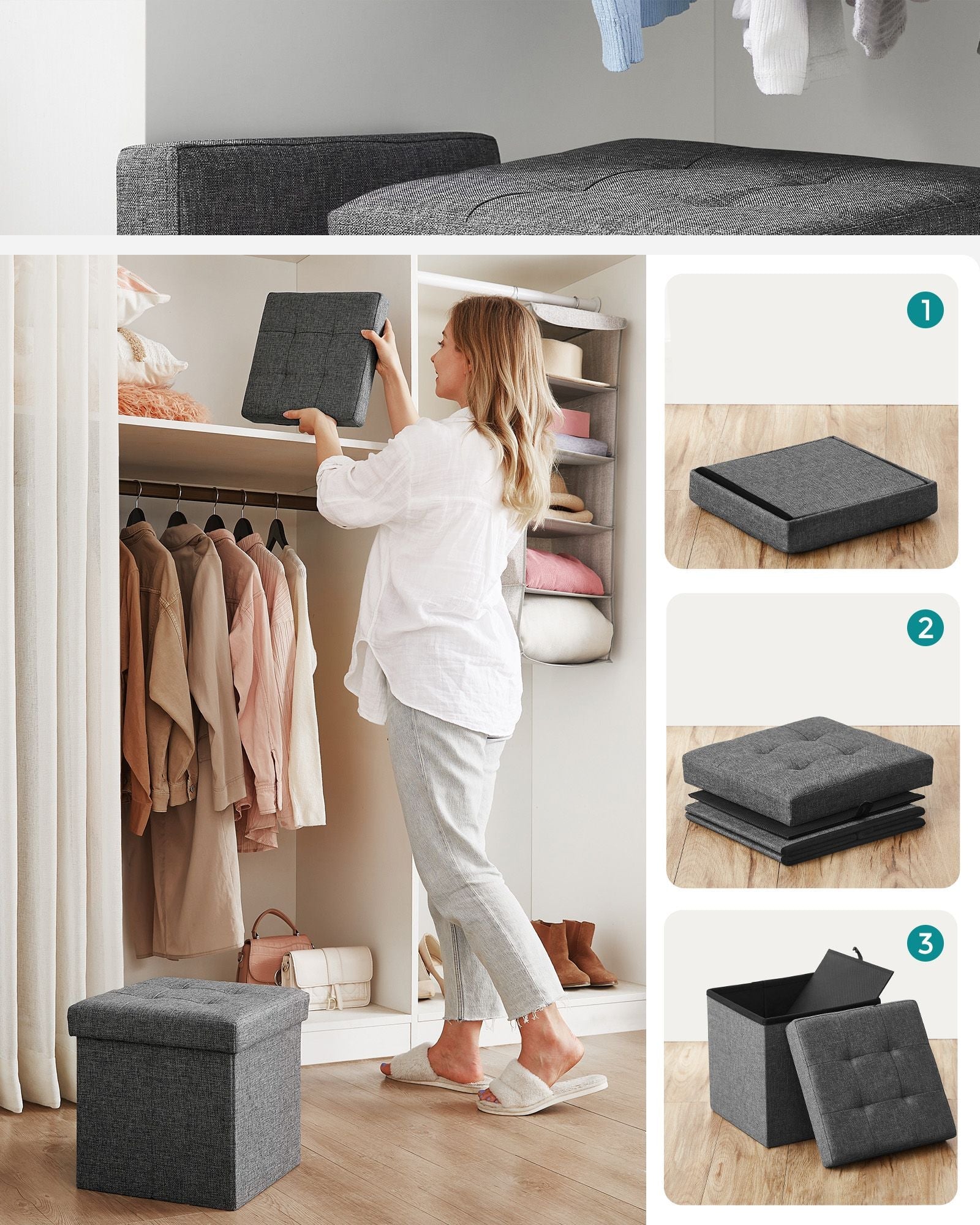 Storage Ottoman - Fabric - Dark Grey - Versatile Footrest and Storage Solution