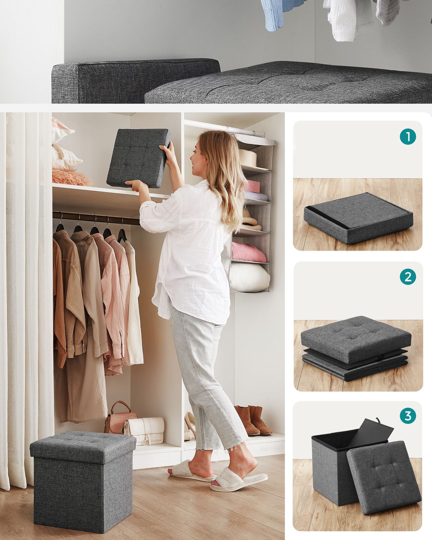 Storage Ottoman - Fabric - Dark Grey - Versatile Footrest and Storage Solution