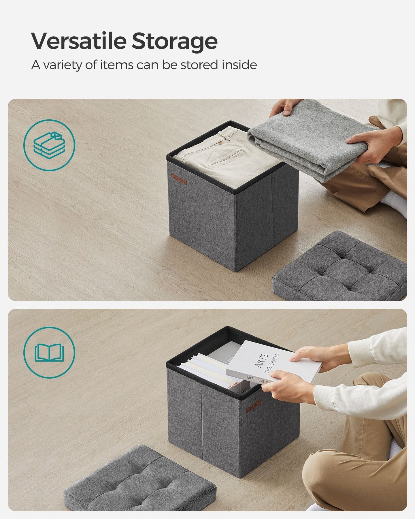 Set of 2 Foldable Storage Ottomans - Fabric - Dark Grey - Multi-Functional Footrest and Storage Solution 30 x 30 x 30 cm