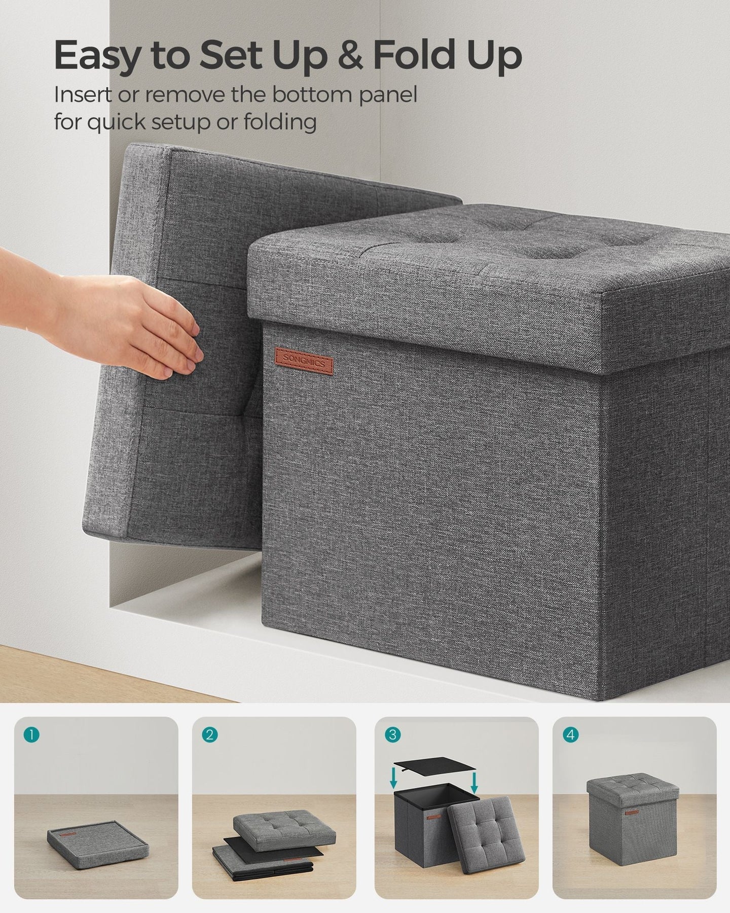 Set of 2 Foldable Storage Ottomans - Fabric - Dark Grey - Multi-Functional Footrest and Storage Solution 30 x 30 x 30 cm