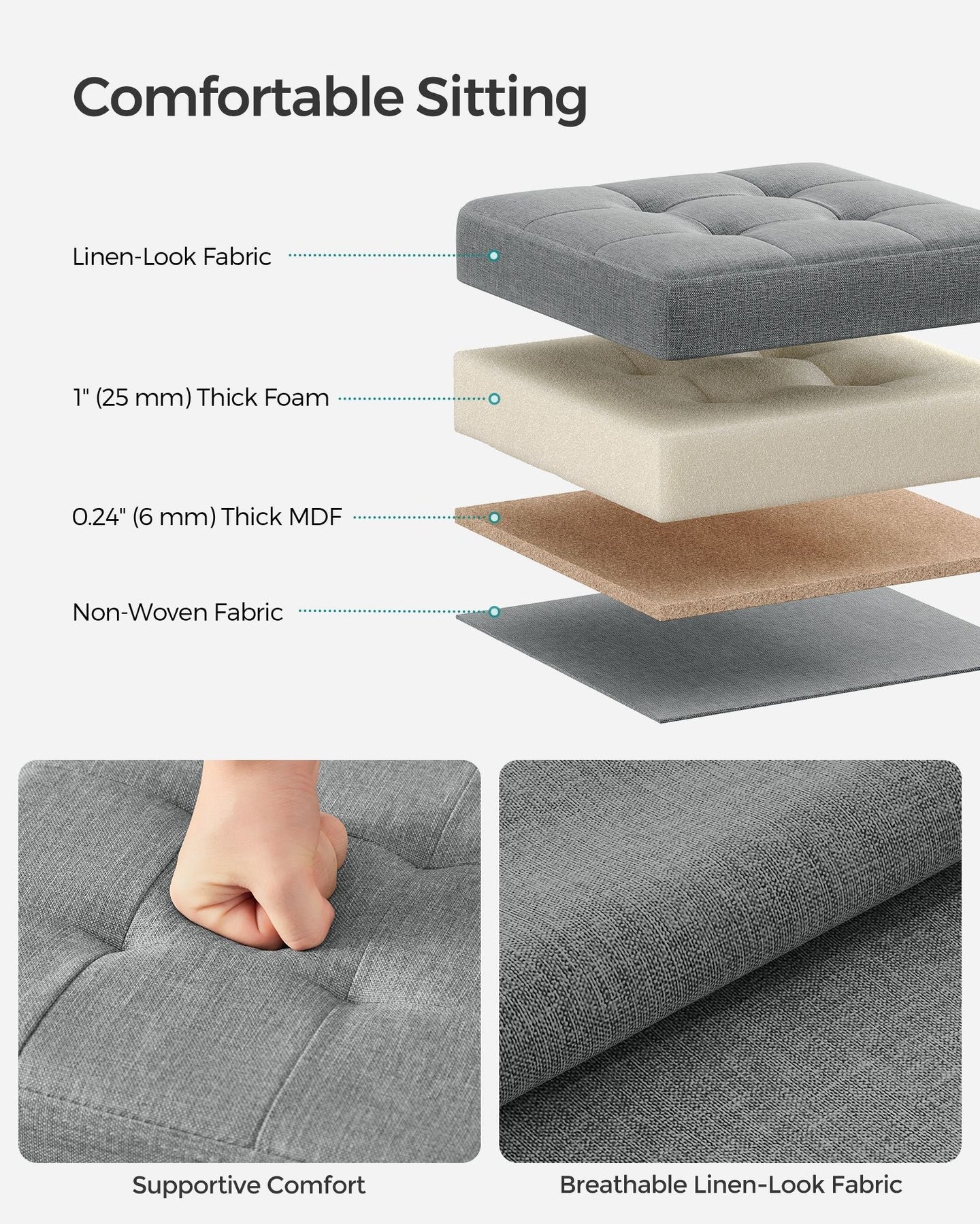 Set of 2 Foldable Storage Ottomans - Fabric - Light Grey