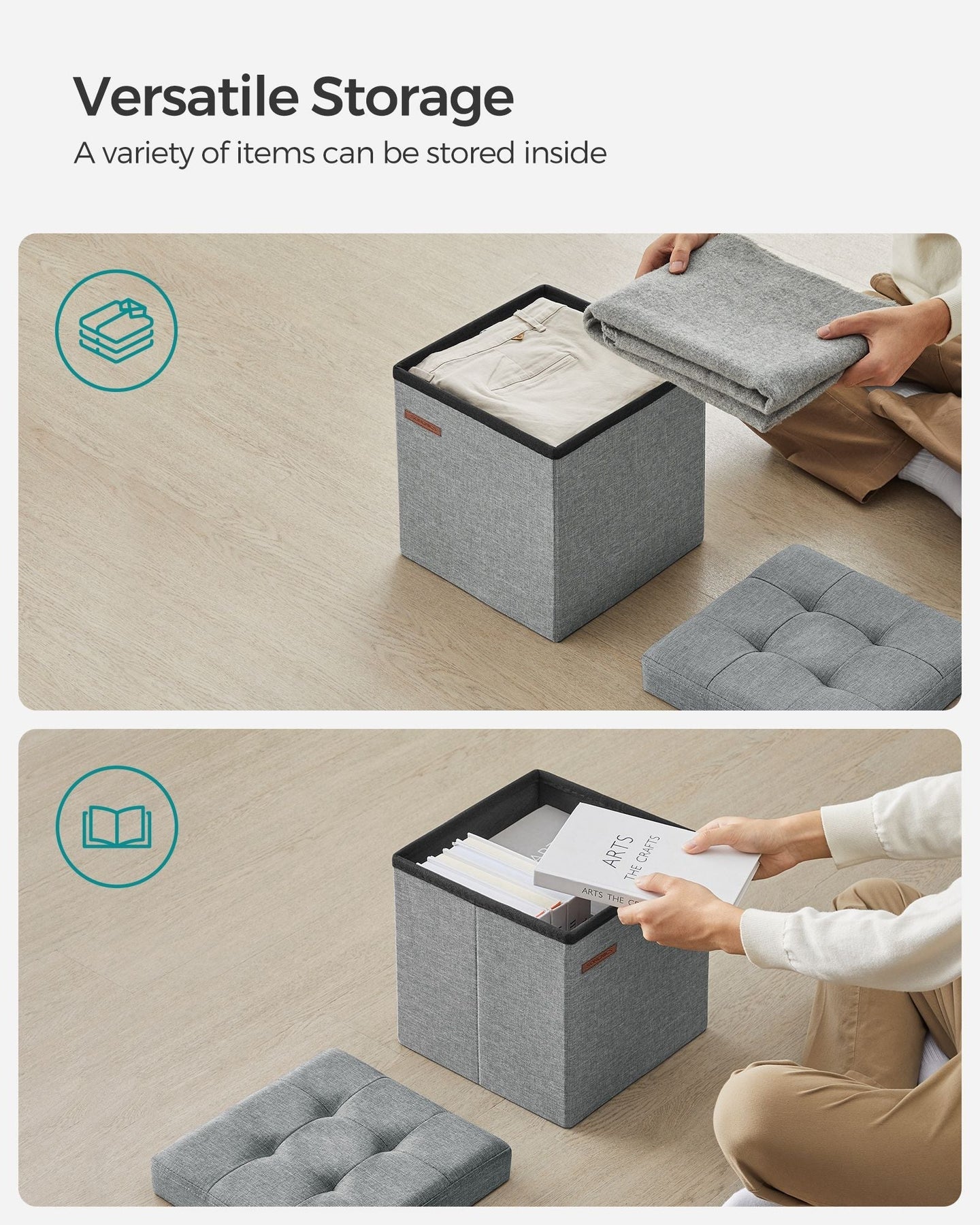 Set of 2 Foldable Storage Ottomans - Fabric - Light Grey