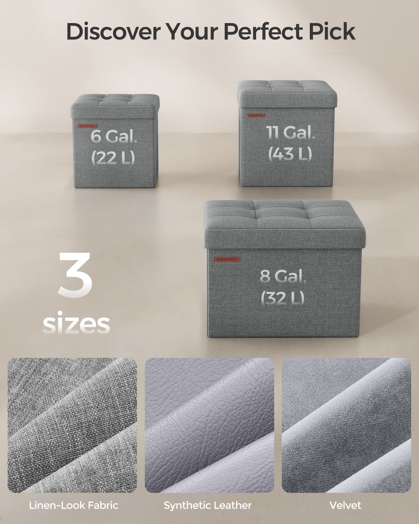 Set of 2 Foldable Storage Ottomans - Fabric - Light Grey