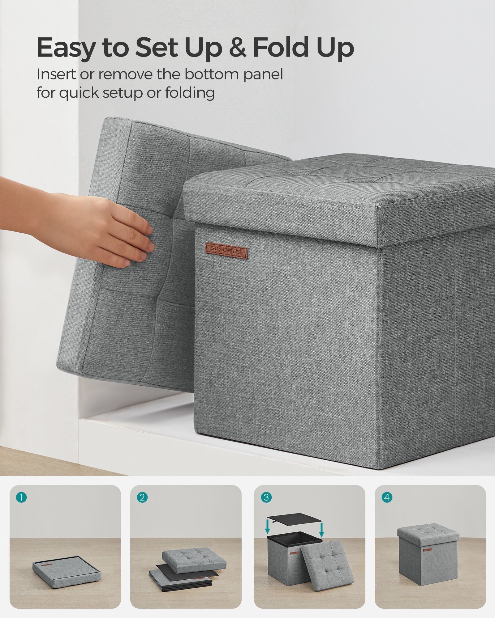 Set of 2 Foldable Storage Ottomans - Fabric - Light Grey