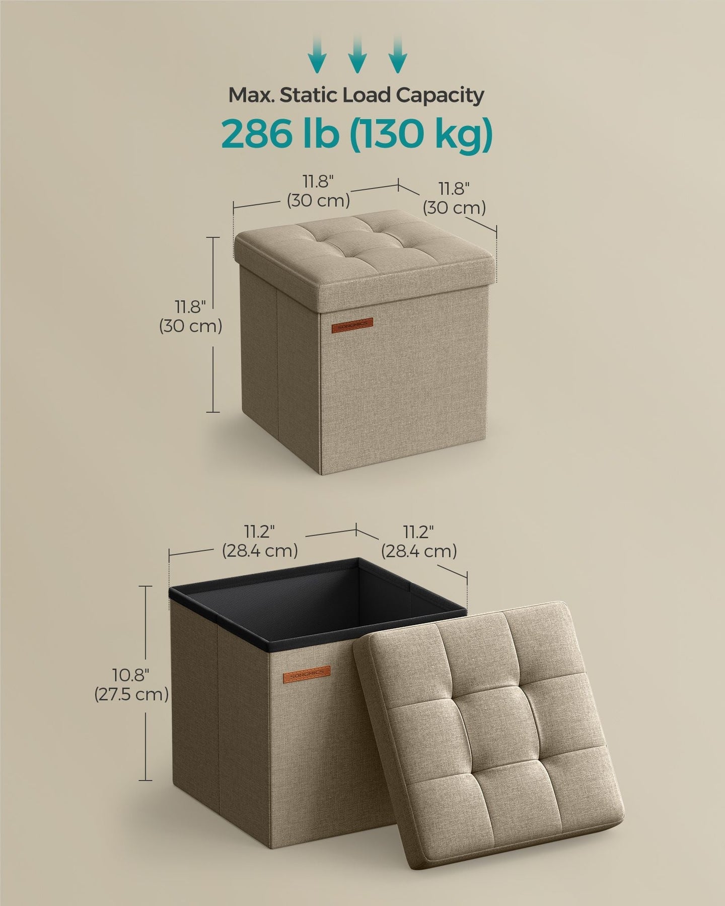 Foldable Storage Ottoman - Fabric - Camel Brown - Multi-functional Bench and Footrest
