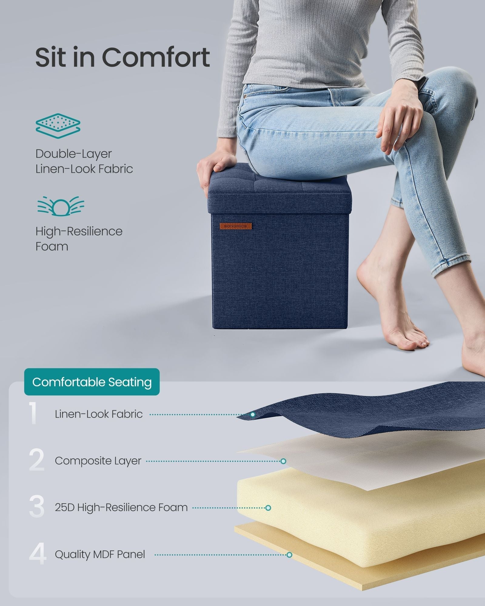 Foldable Storage Ottoman - Fabric - Midnight Blue - Multipurpose Footrest and Storage Solution