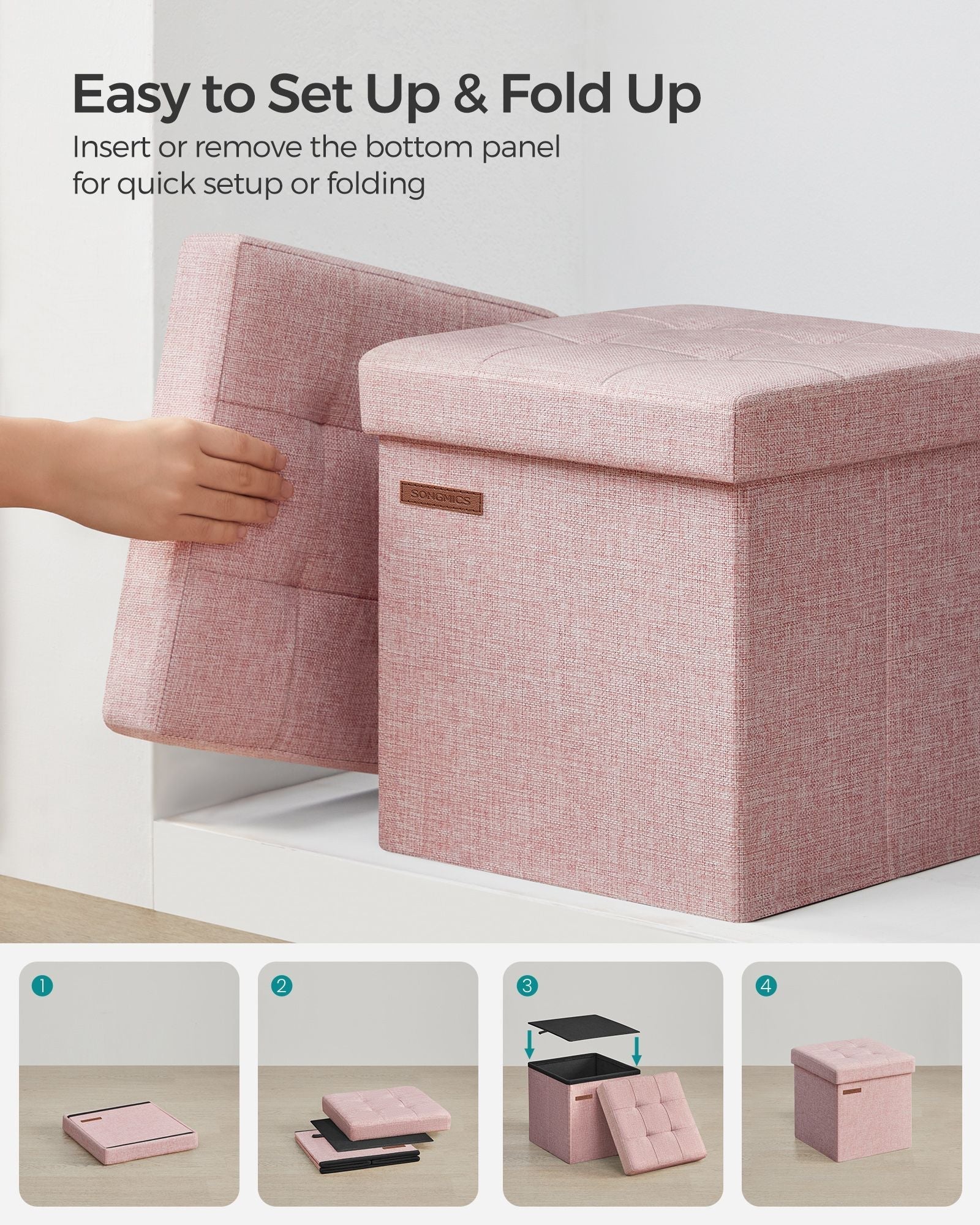 Foldable Storage Ottoman - Fabric - Jelly Pink - Versatile Footrest and Storage Solution