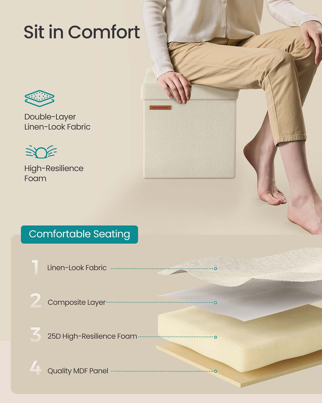 Foldable Storage Ottoman - Fabric - Cream White - Versatile for Living Room and Bedroom