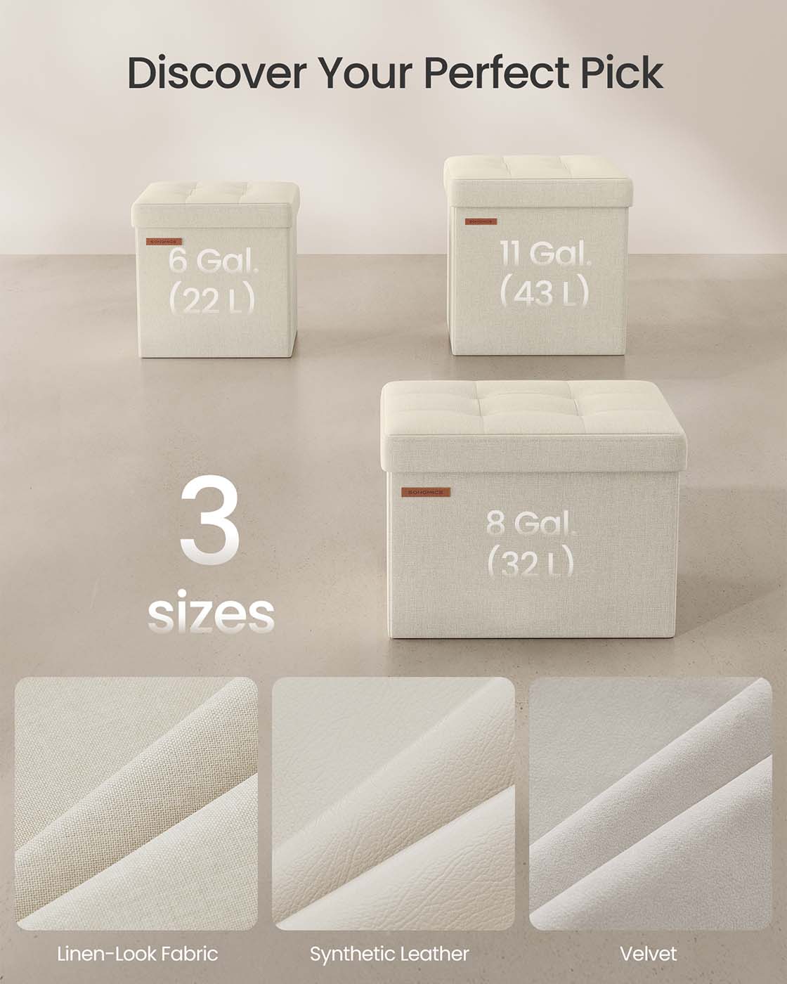 Foldable Storage Ottoman - Fabric - Cream White - Versatile for Living Room and Bedroom