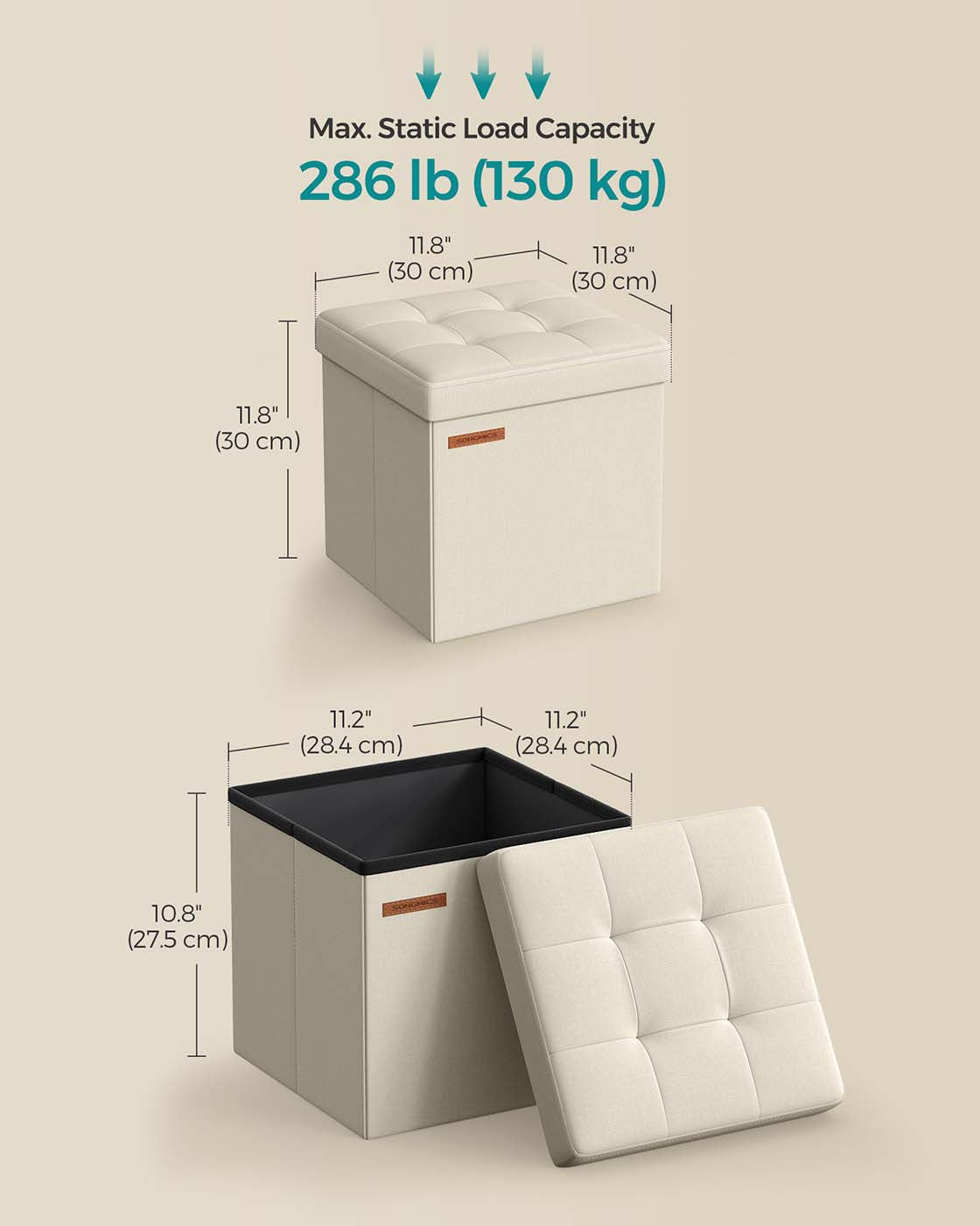 Foldable Storage Ottoman - Fabric - Cream White - Versatile for Living Room and Bedroom