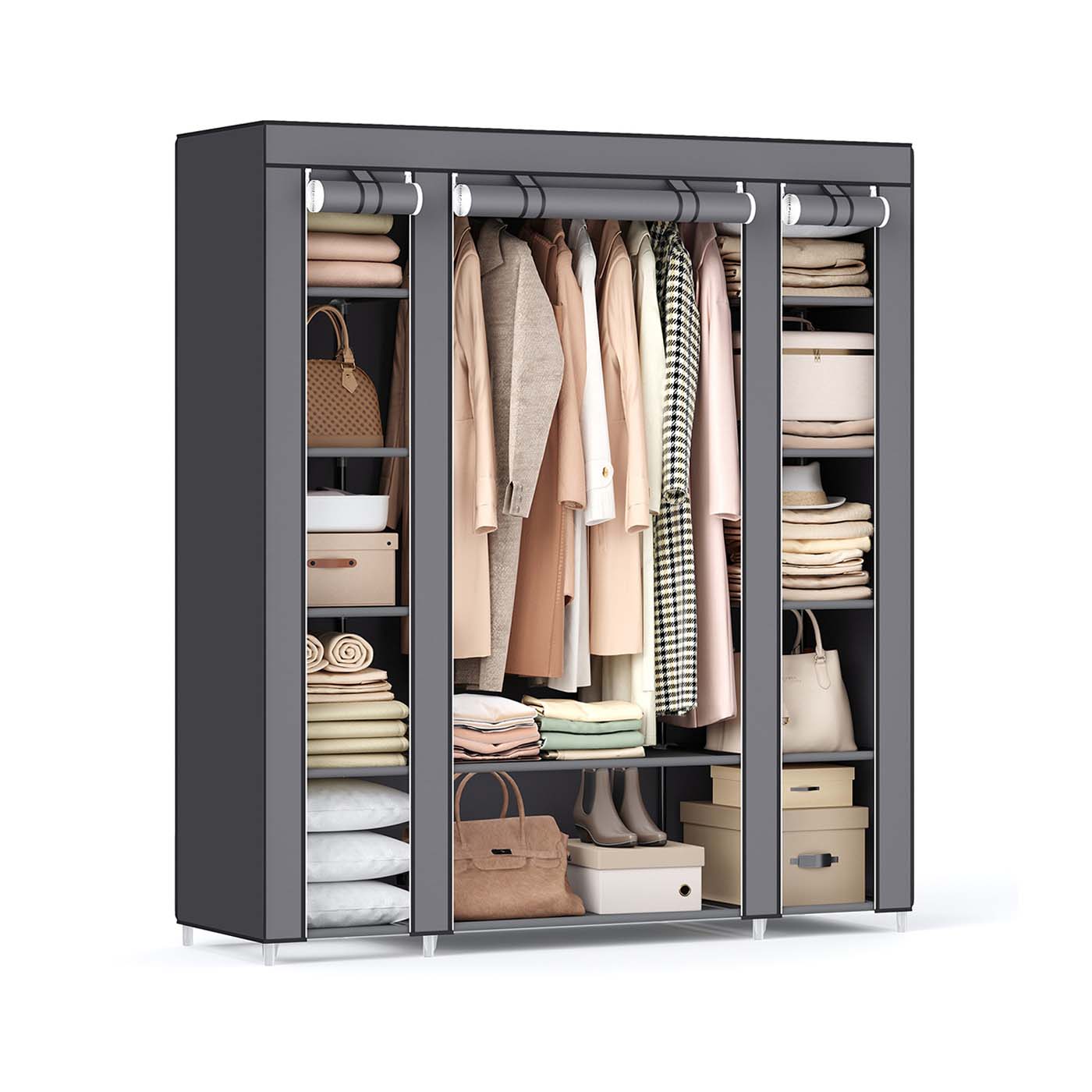 Canvas Wardrobe - Fabric - Black - 12 Shelves and Hanging Rail