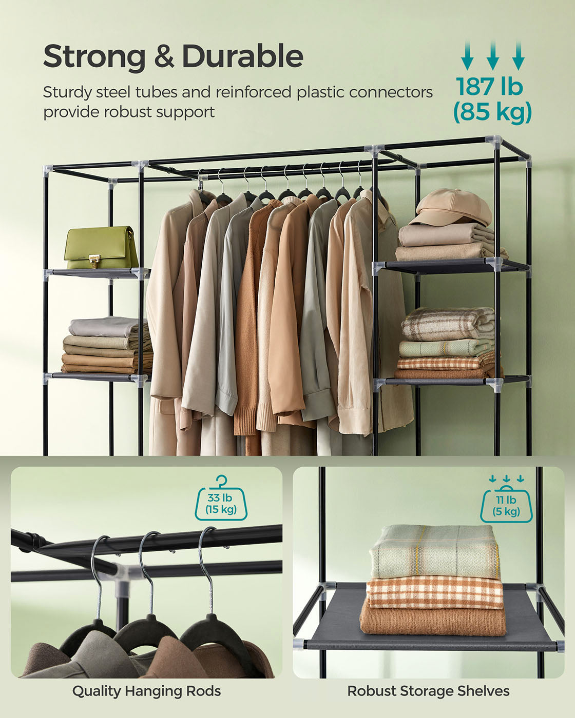 Canvas Wardrobe - Fabric - Black - 12 Shelves and Hanging Rail