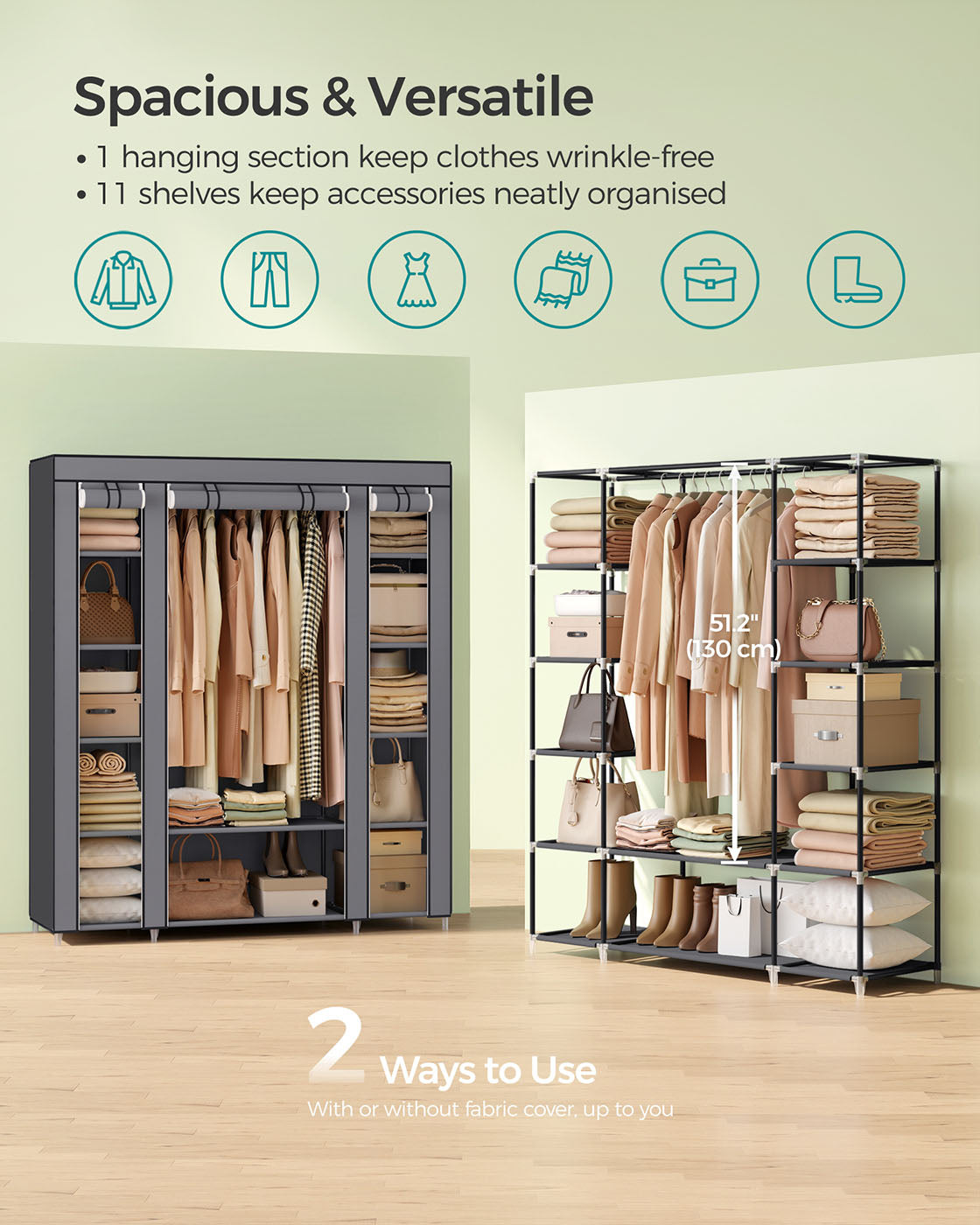 Canvas Wardrobe - Fabric - Black - 12 Shelves and Hanging Rail