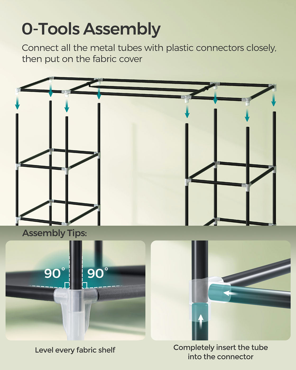 Canvas Wardrobe - Fabric - Black - 12 Shelves and Hanging Rail