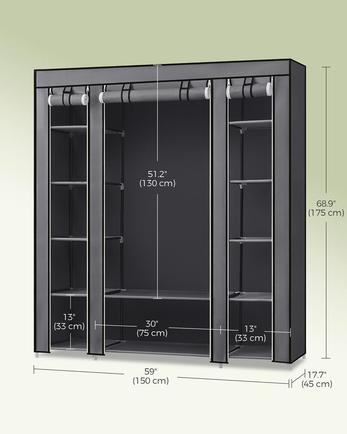 Canvas Wardrobe - Fabric - Black - 12 Shelves and Hanging Rail