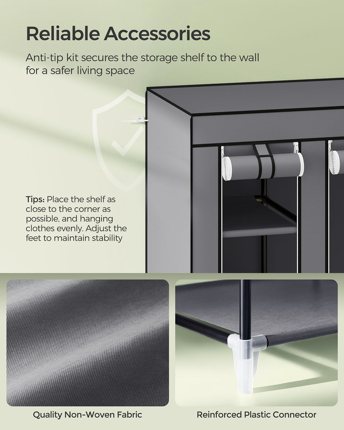 Canvas Wardrobe - Fabric - Black - 12 Shelves and Hanging Rail