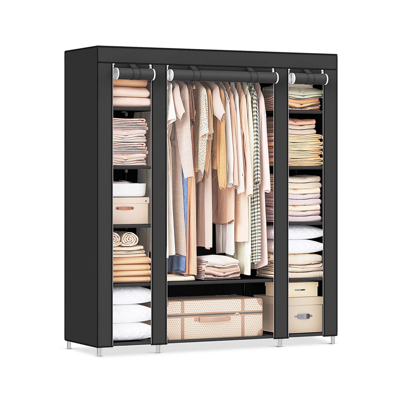 Canvas Wardrobe - Fabric - Black - 12 Shelves with Clothes Hanging Rail