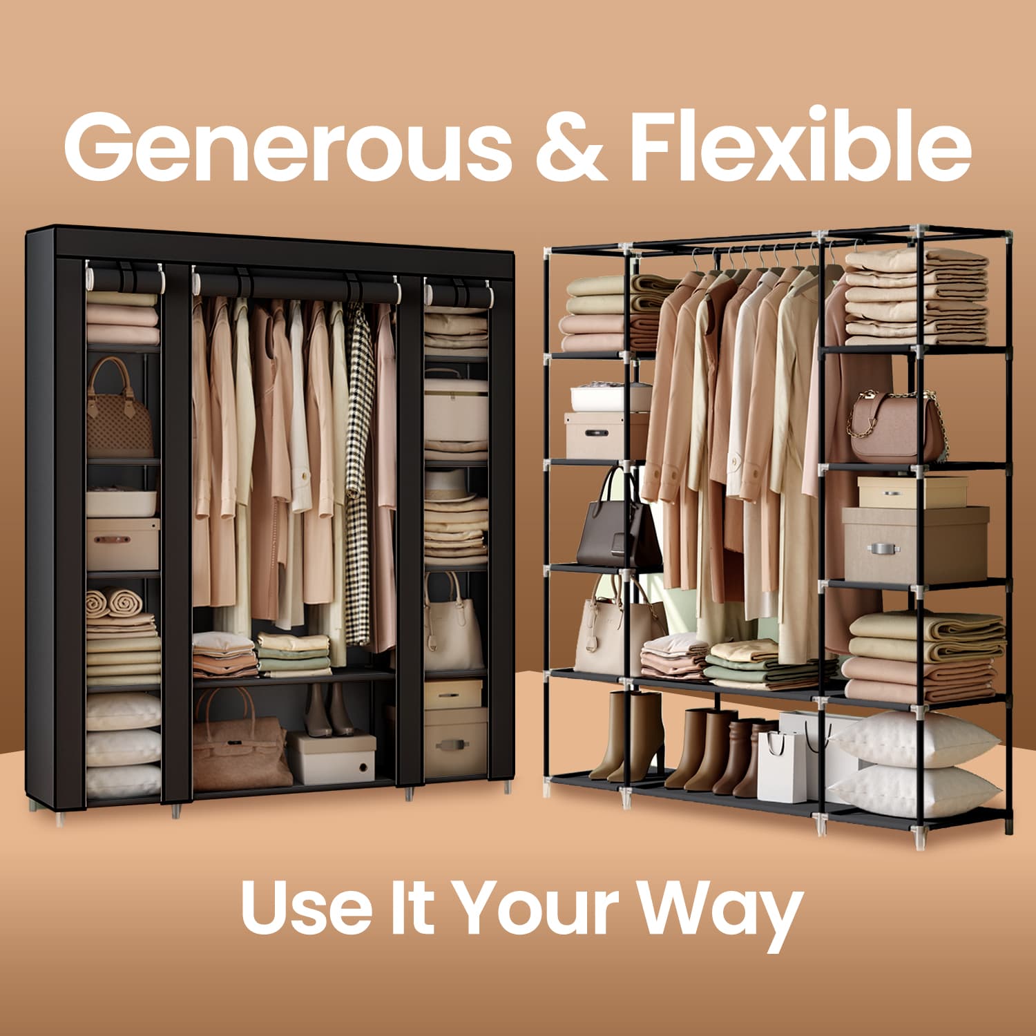 Portable Closet - Fabric - Navy Blue - Clothes Storage Organizer with Rail