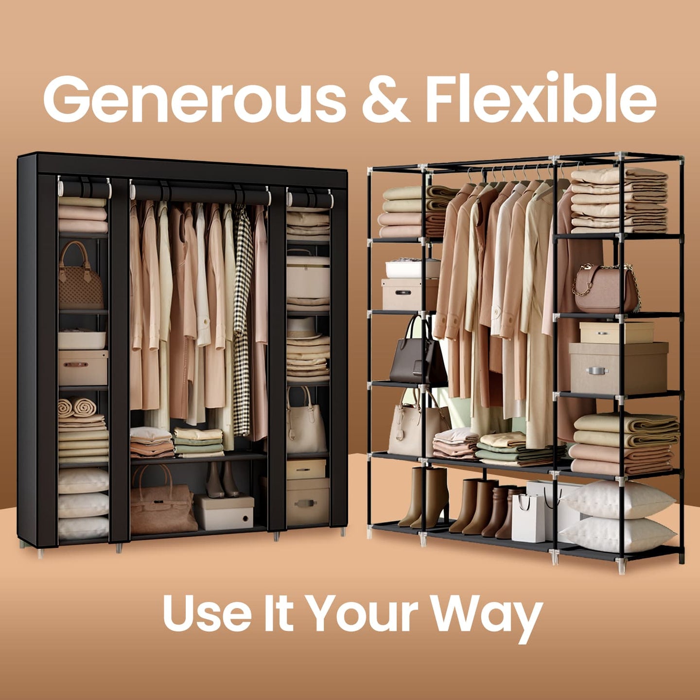 Portable Closet - Fabric - Navy Blue - Clothes Storage Organizer with Rail
