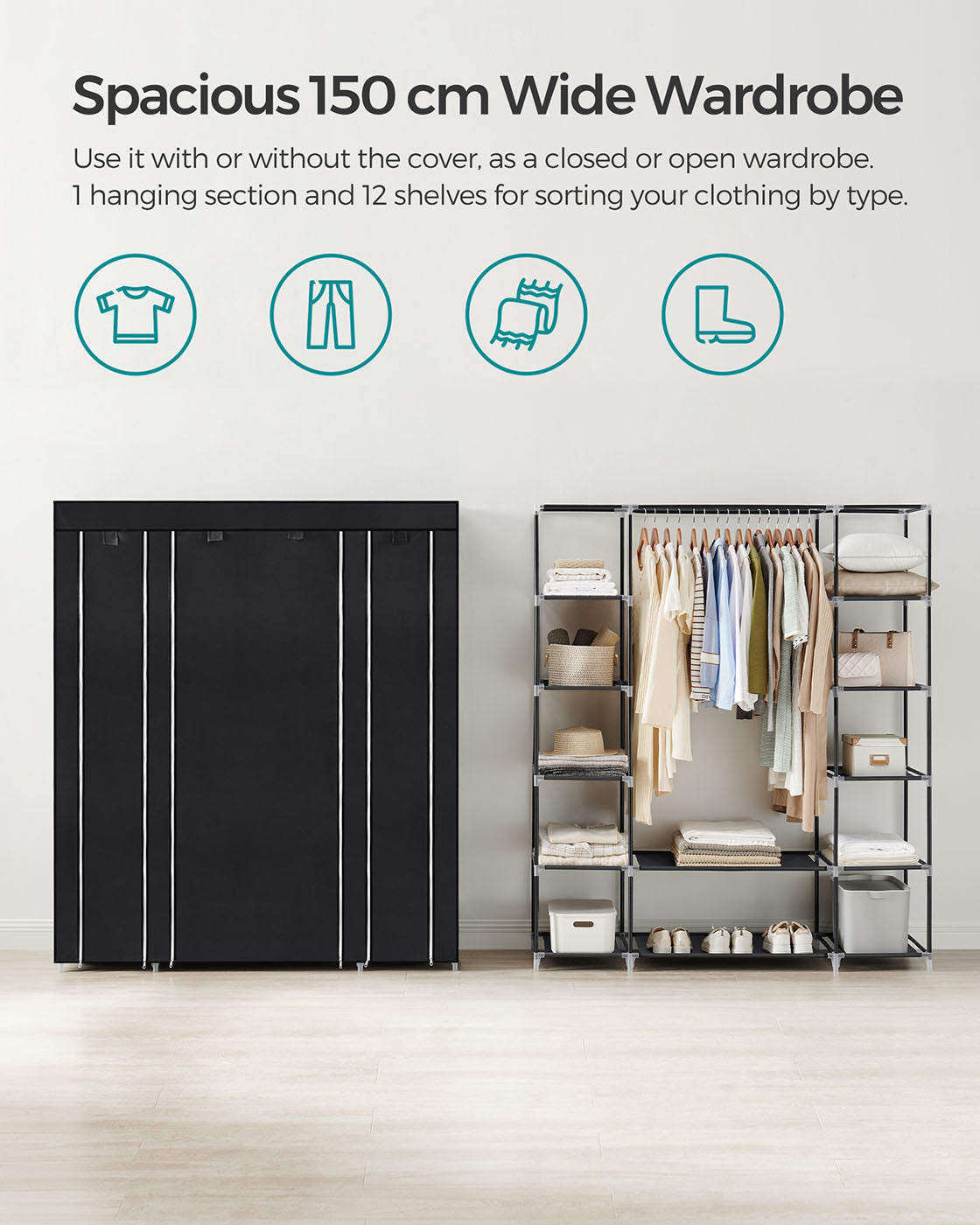 Canvas Wardrobe - Fabric - Black - 12 Shelves with Clothes Hanging Rail