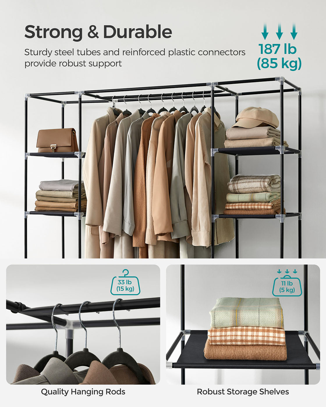 Canvas Wardrobe - Fabric - Black - 12 Shelves with Clothes Hanging Rail