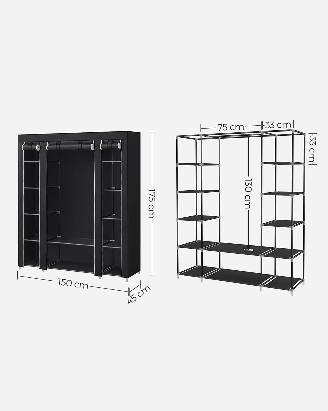Canvas Wardrobe - Fabric - Black - 12 Shelves with Clothes Hanging Rail