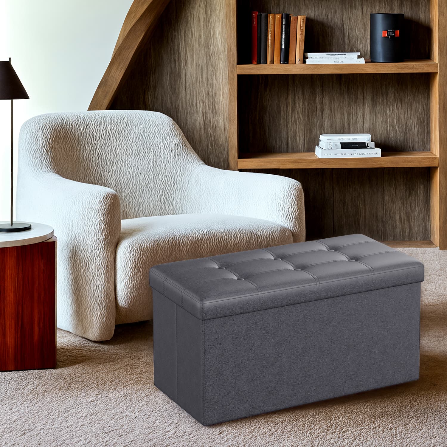 Storage Ottoman Bench - Fabric - Ink Black - Foldable with Storage