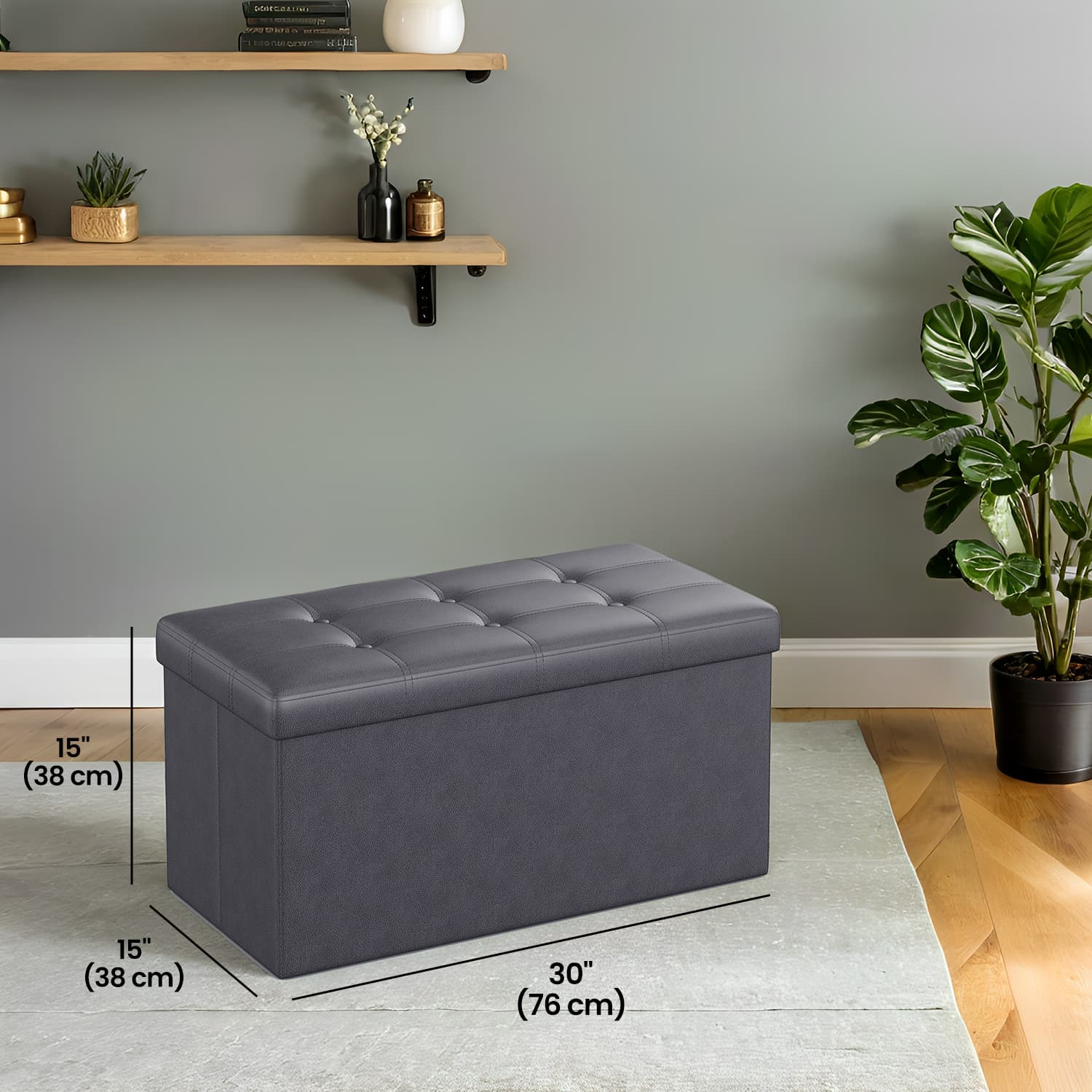 Storage Ottoman Bench - Fabric - Ink Black - Foldable with Storage