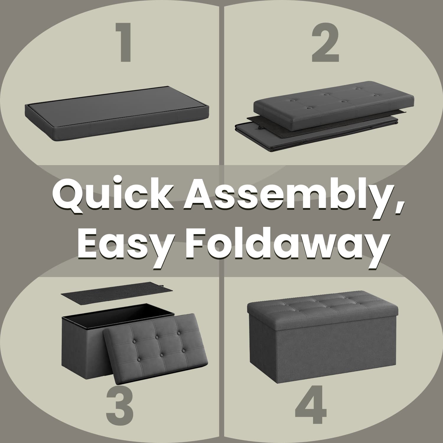 Storage Ottoman Bench - Fabric - Ink Black - Foldable with Storage