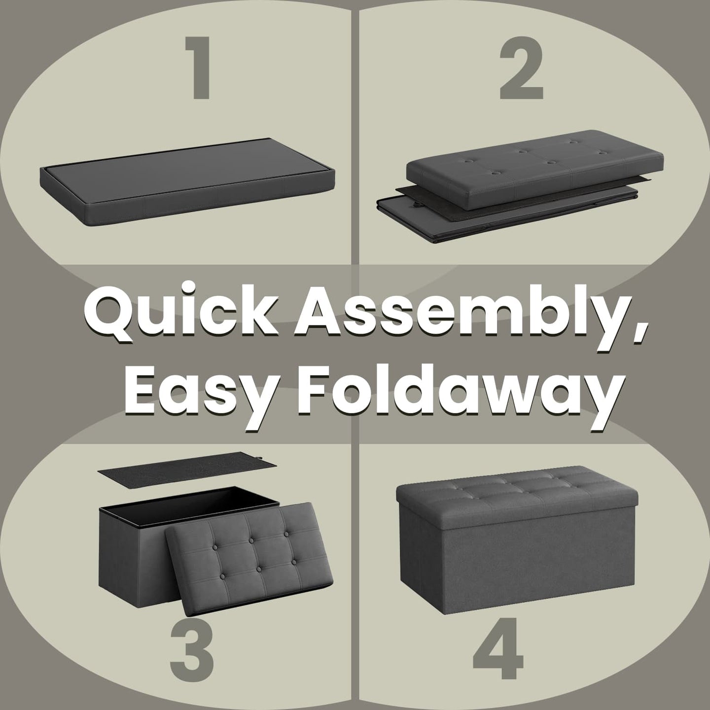 Storage Ottoman Bench - Fabric - Ink Black - Foldable with Storage
