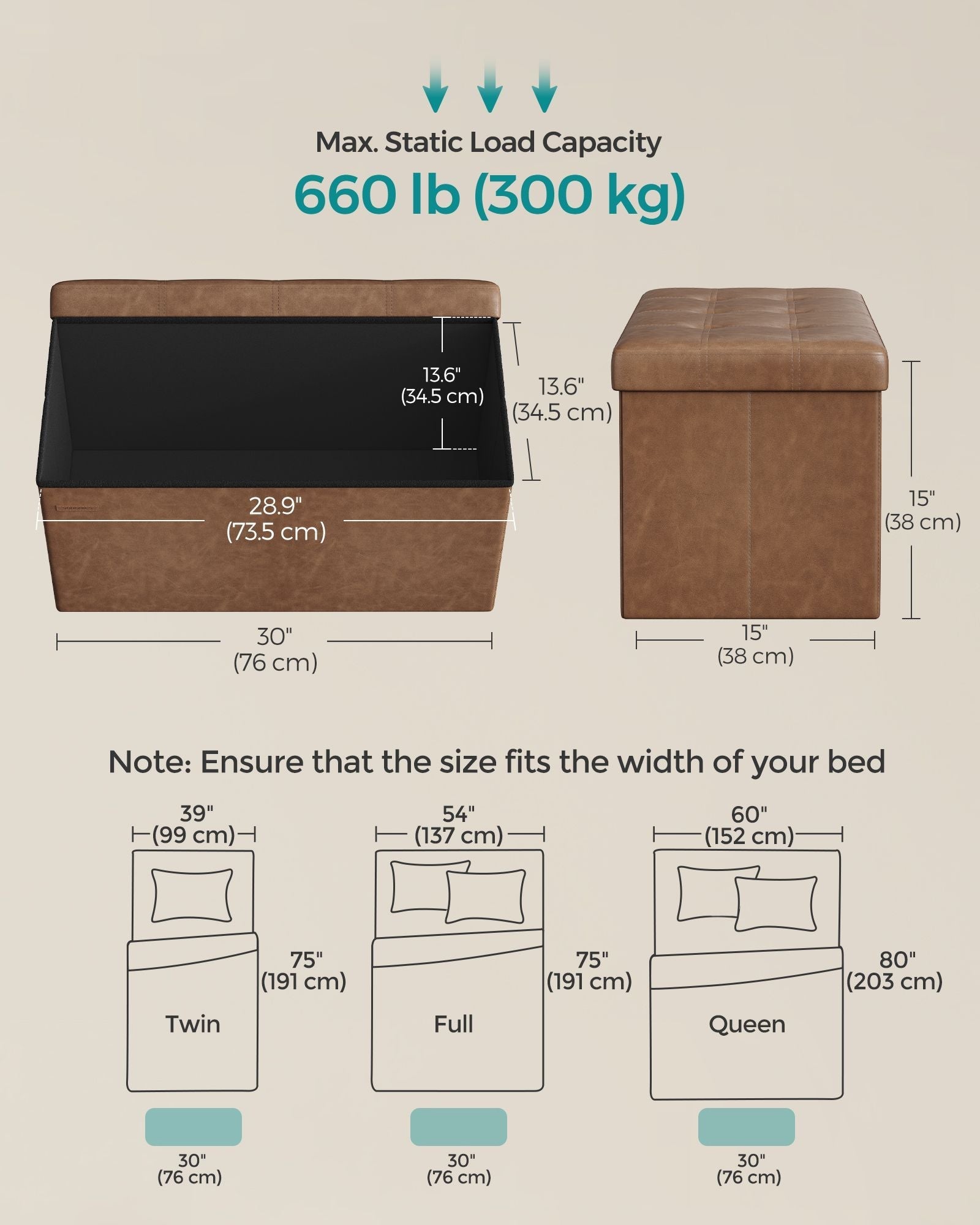 Foldable Storage Ottoman - Fabric - Coffee Brown - Cube Design with Storage