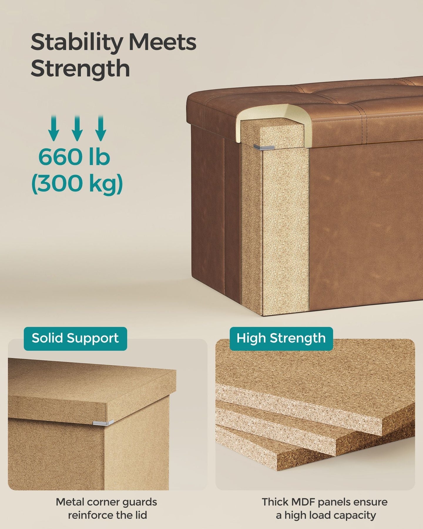 Foldable Storage Ottoman - Fabric - Coffee Brown - Cube Design with Storage
