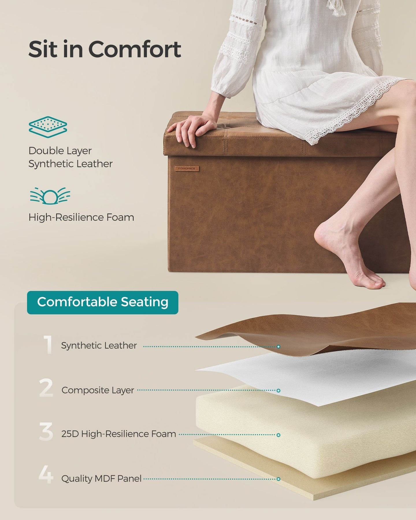 Foldable Storage Ottoman - Fabric - Coffee Brown - Cube Design with Storage