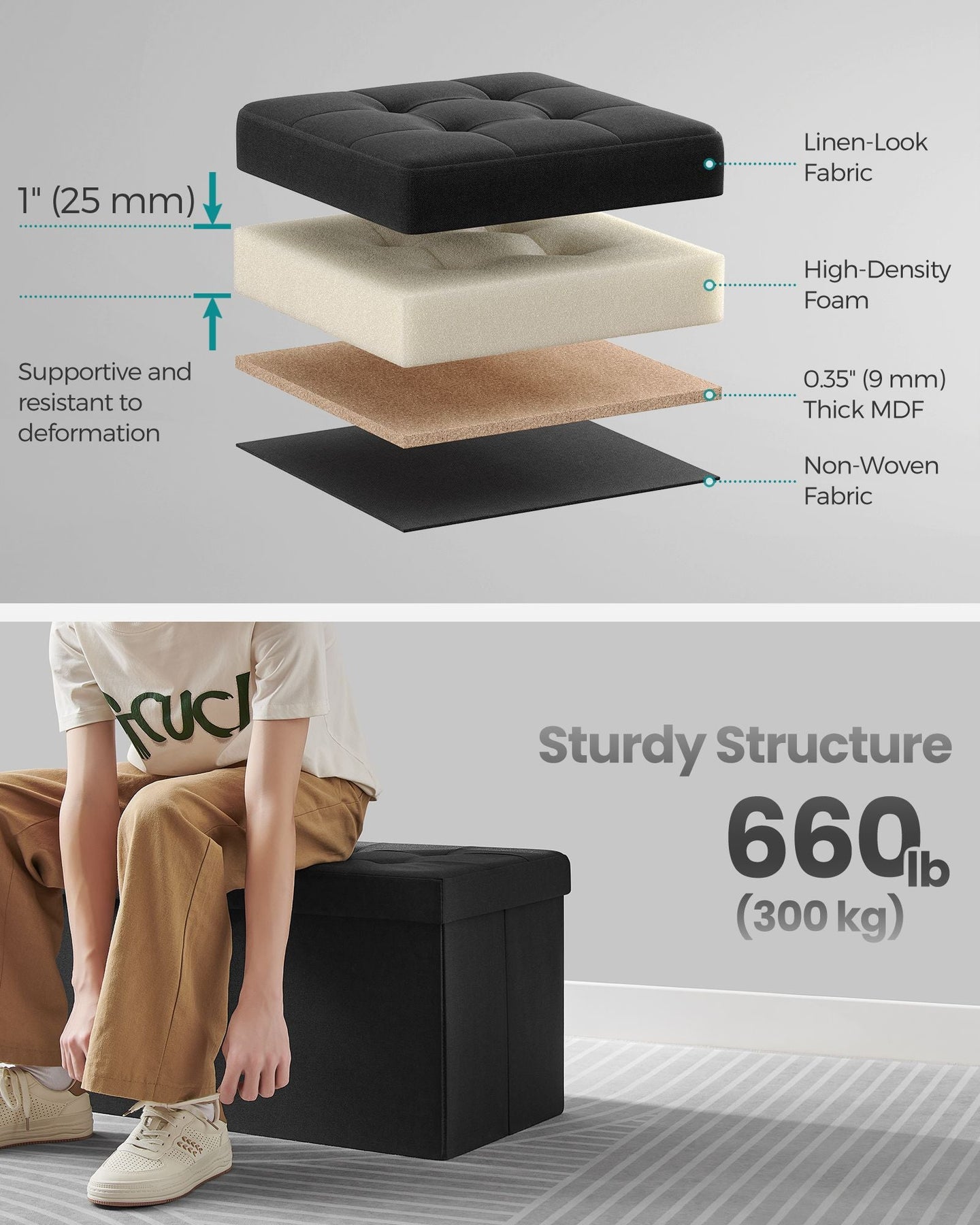 Storage Ottoman - Fabric - Ink Black - Flipping Lid and Foldable Design