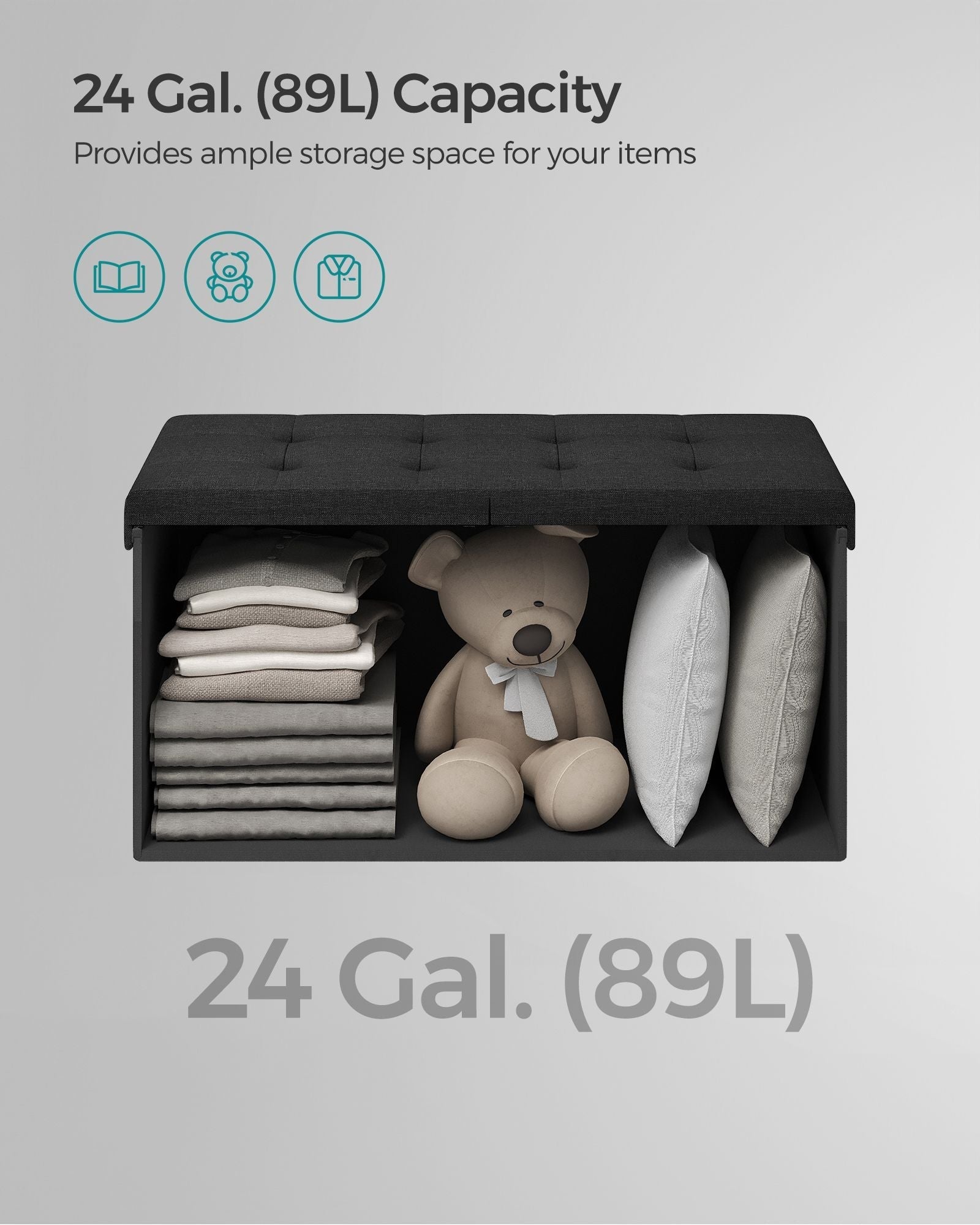 Storage Ottoman - Fabric - Ink Black - Flipping Lid and Foldable Design