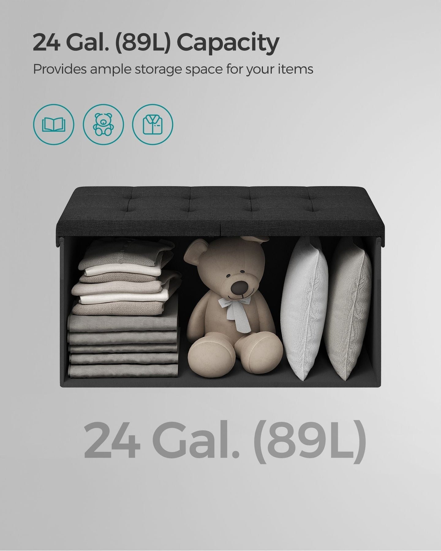 Storage Ottoman - Fabric - Ink Black - Flipping Lid and Foldable Design