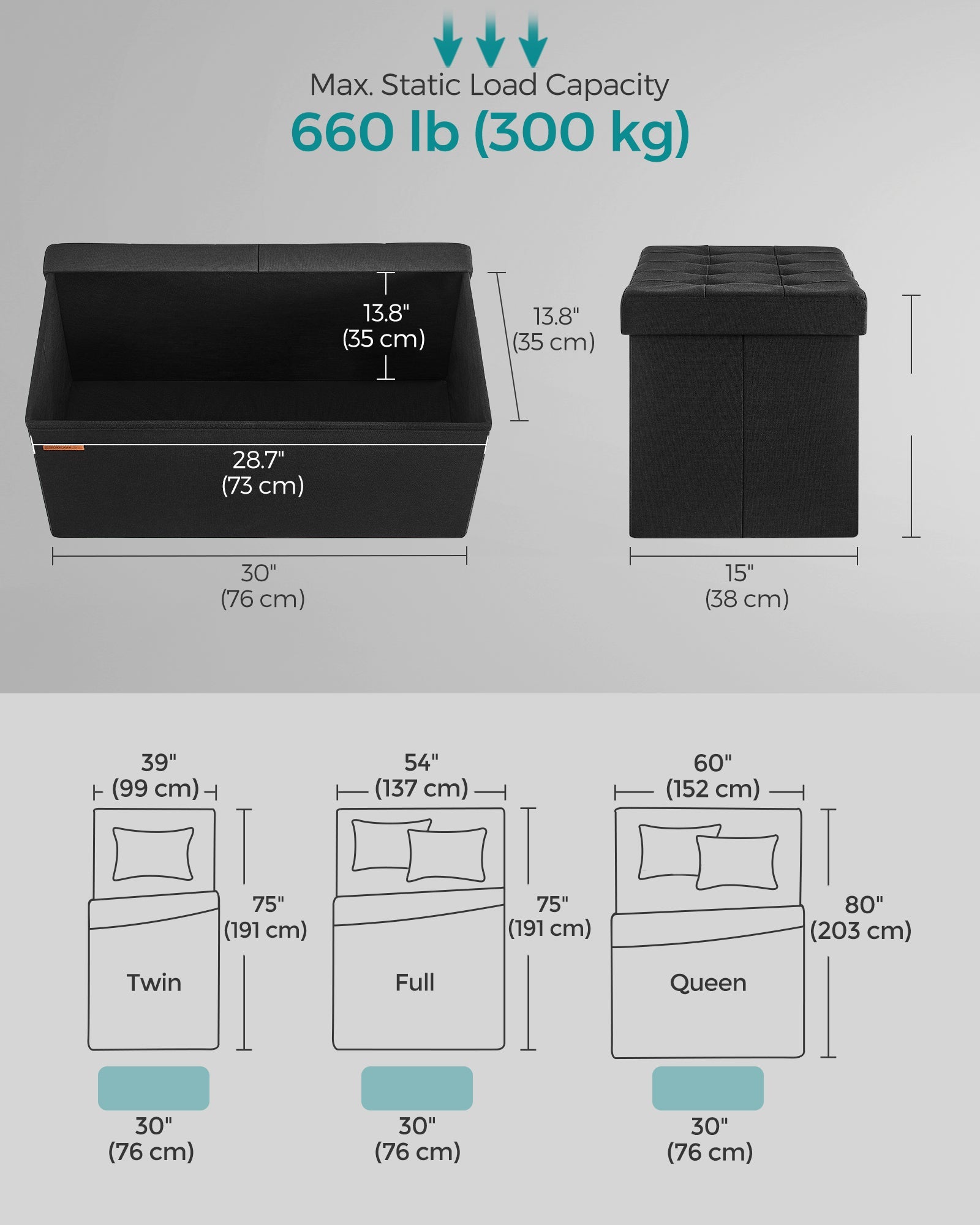 Storage Ottoman - Fabric - Ink Black - Flipping Lid and Foldable Design