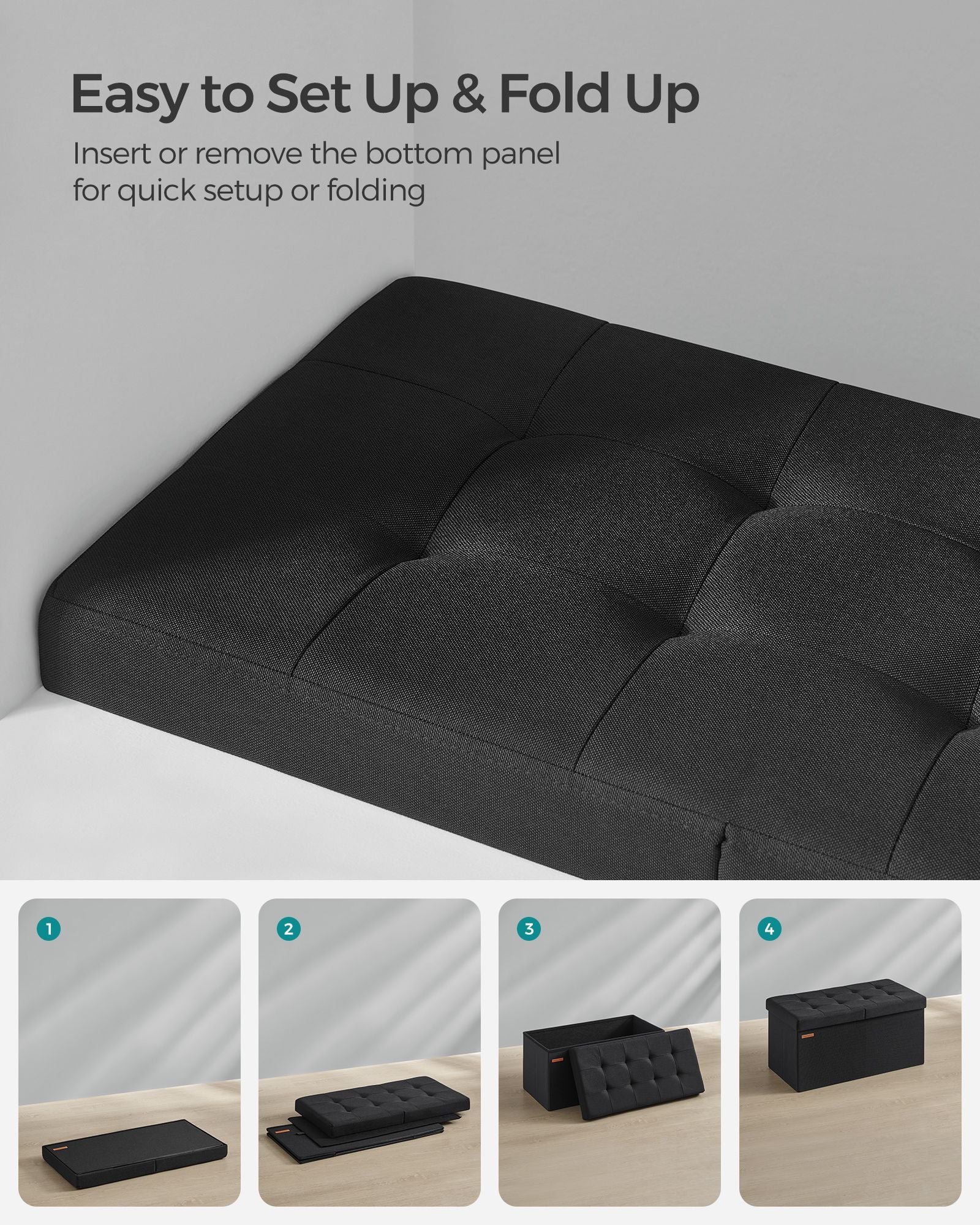 Storage Ottoman - Fabric - Ink Black - Flipping Lid and Foldable Design