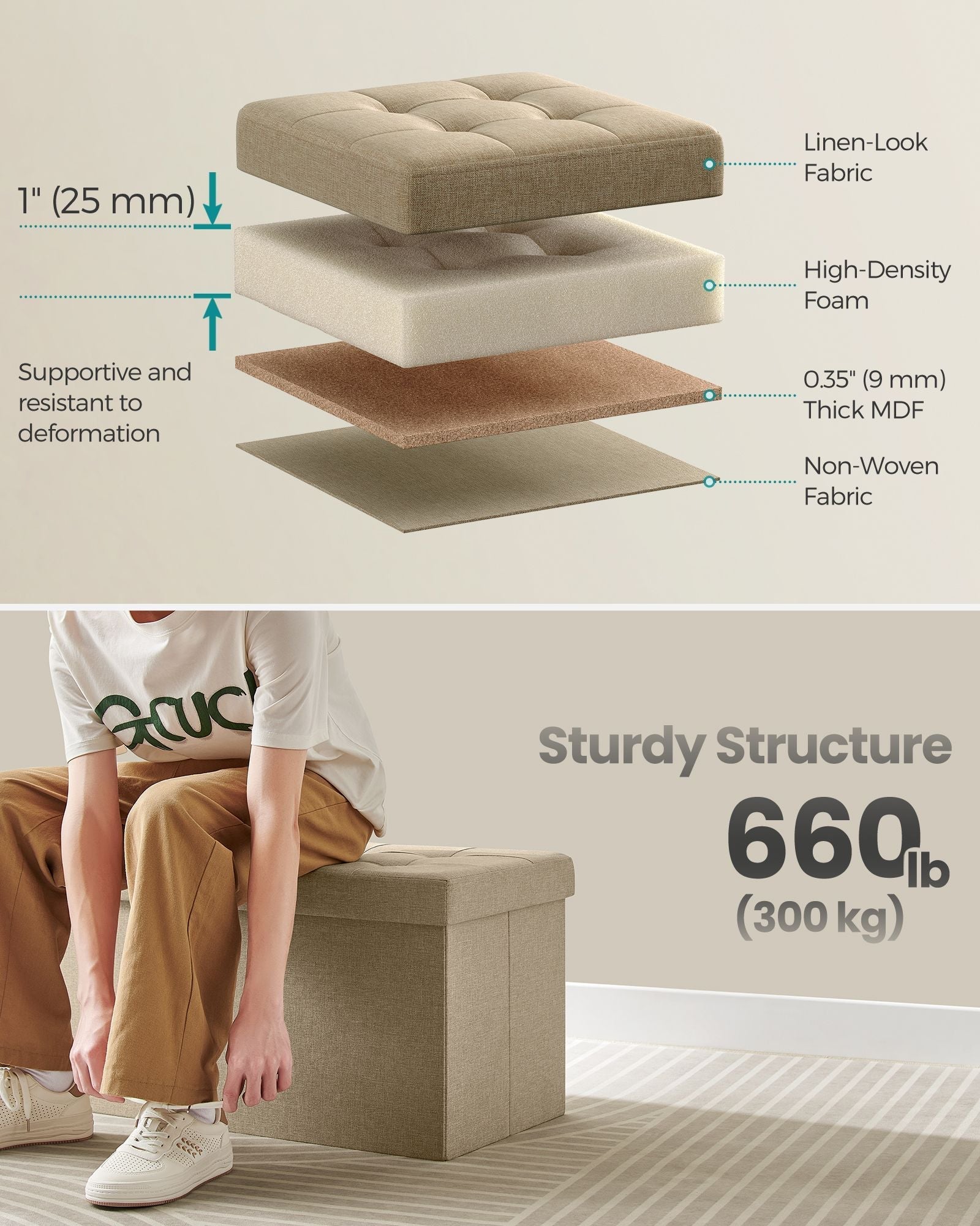 Foldable Storage Ottoman - Fabric - Camel Brown - Versatile Footstool with Flipping Lid