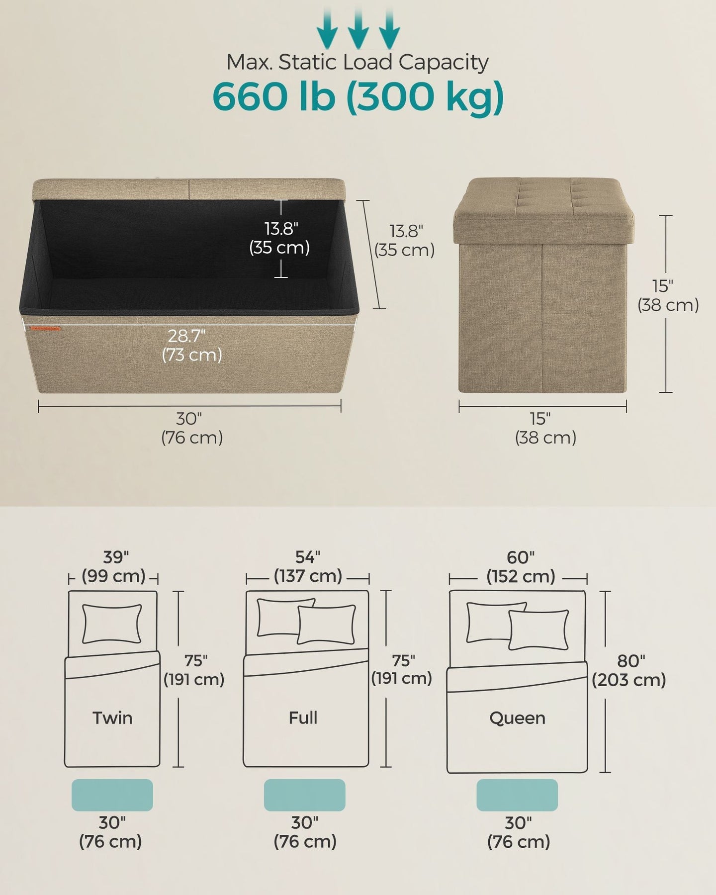 Foldable Storage Ottoman - Fabric - Camel Brown - Versatile Footstool with Flipping Lid