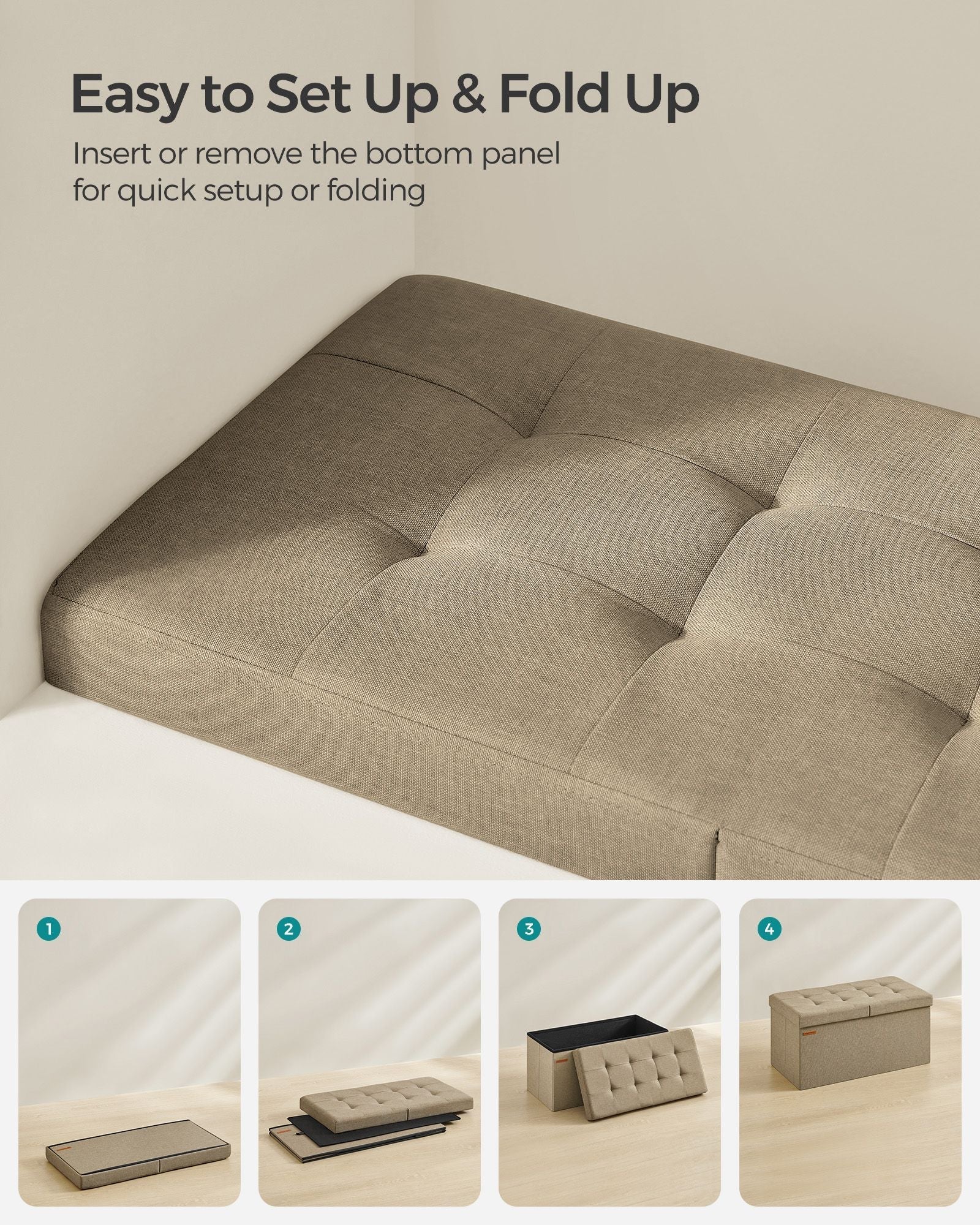 Foldable Storage Ottoman - Fabric - Camel Brown - Versatile Footstool with Flipping Lid
