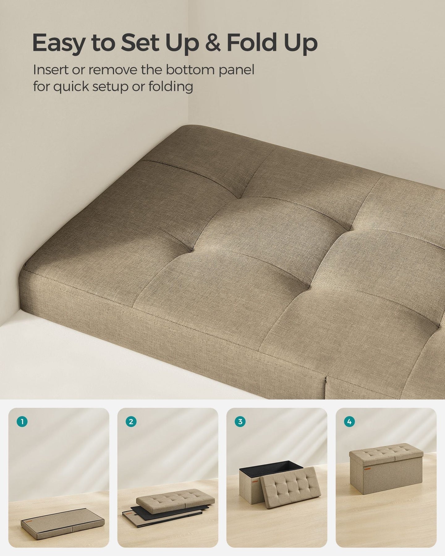Foldable Storage Ottoman - Fabric - Camel Brown - Versatile Footstool with Flipping Lid