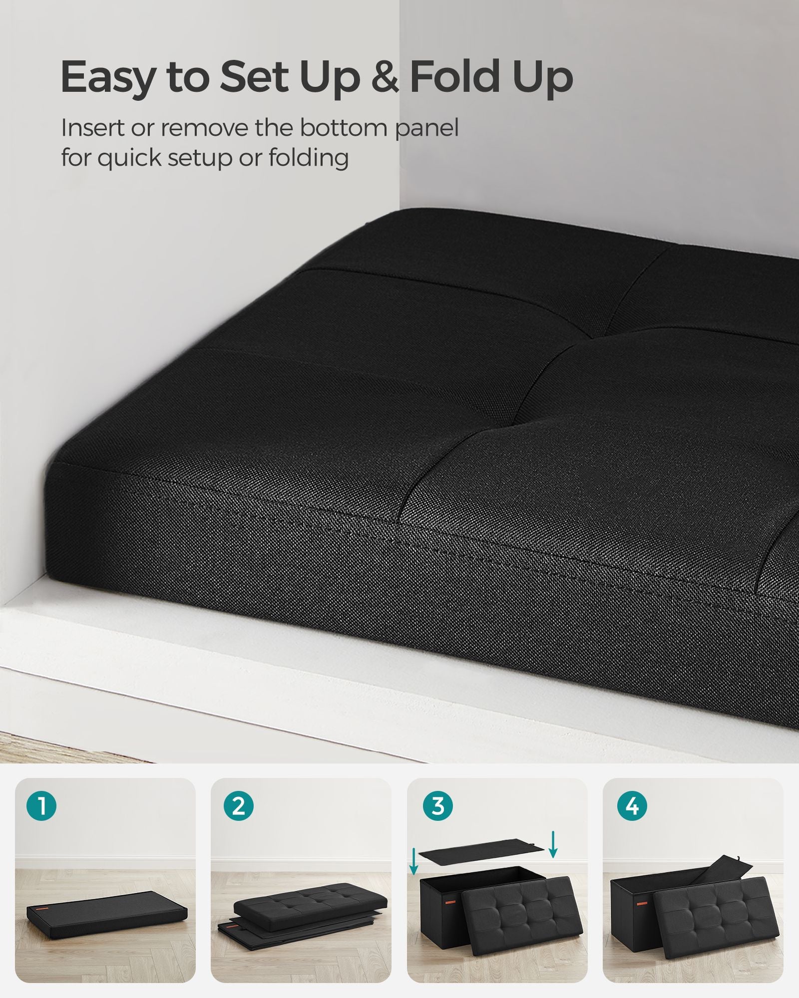 Foldable Small Storage Ottoman - Fabric - Ink Black - Multi-Functional Footrest with 300 kg Load Capacity