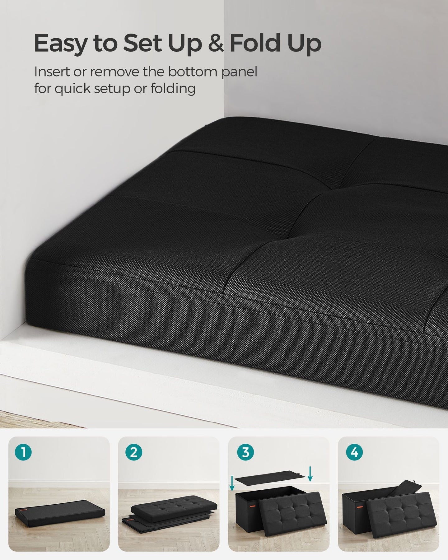 Foldable Small Storage Ottoman - Fabric - Ink Black - Multi-Functional Footrest with 300 kg Load Capacity