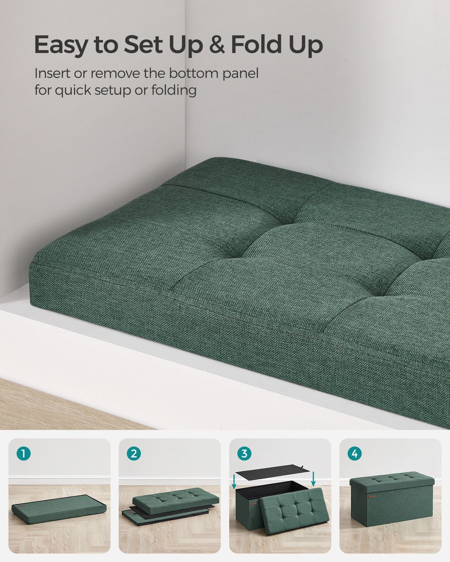 Foldable Storage Ottoman - Fabric - Retro Green - Cube Design with Storage