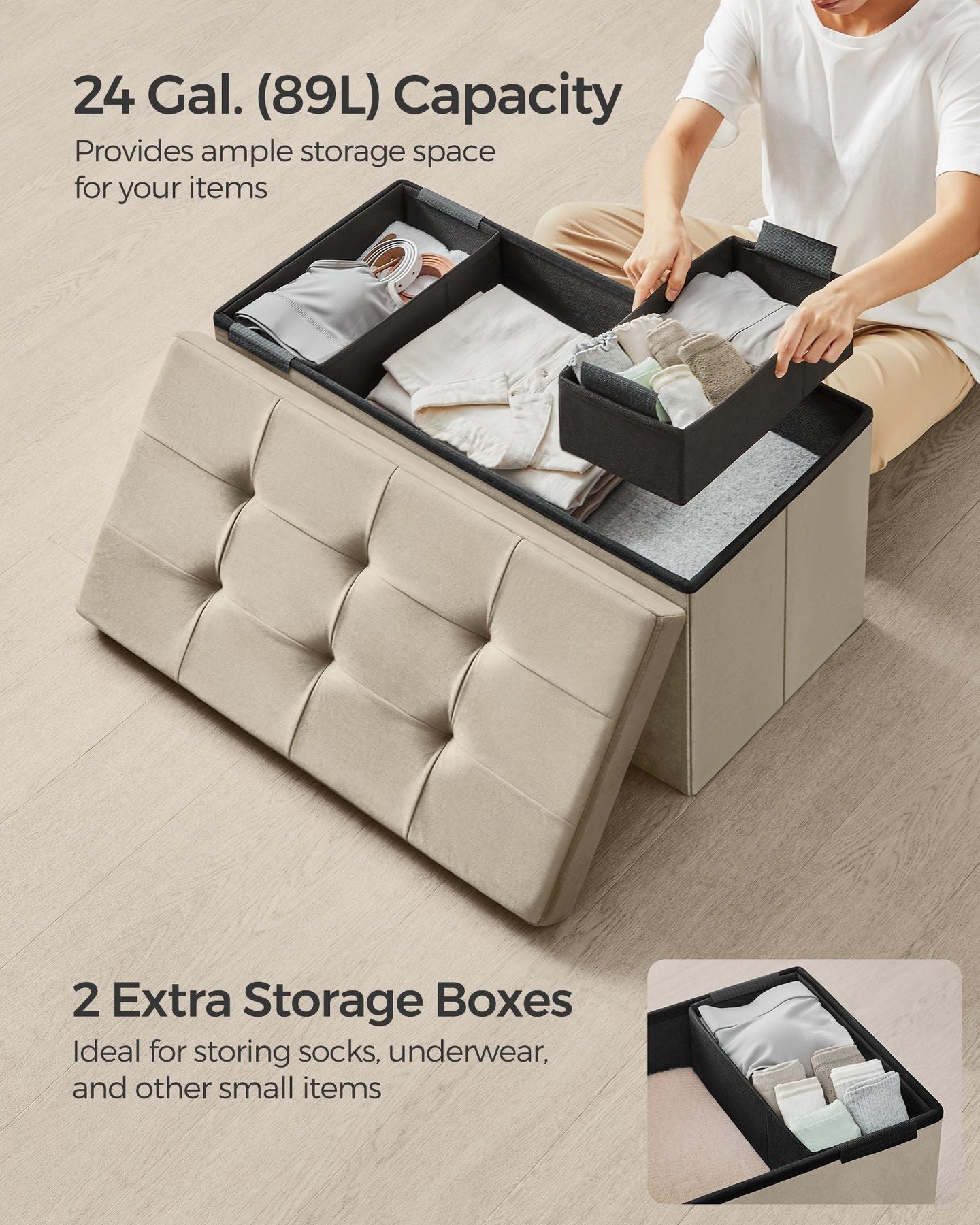 Foldable Storage Ottoman - Fabric - Camel Brown