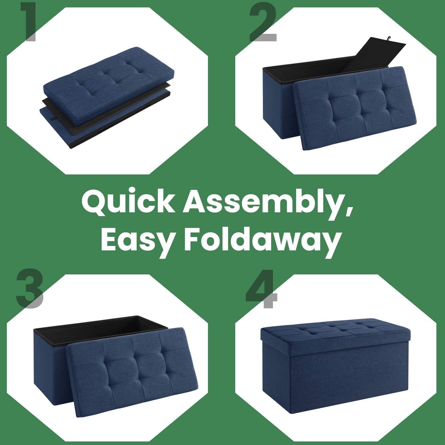 Storage Ottoman Bench - Fabric - Ink Black - Foldable with Storage