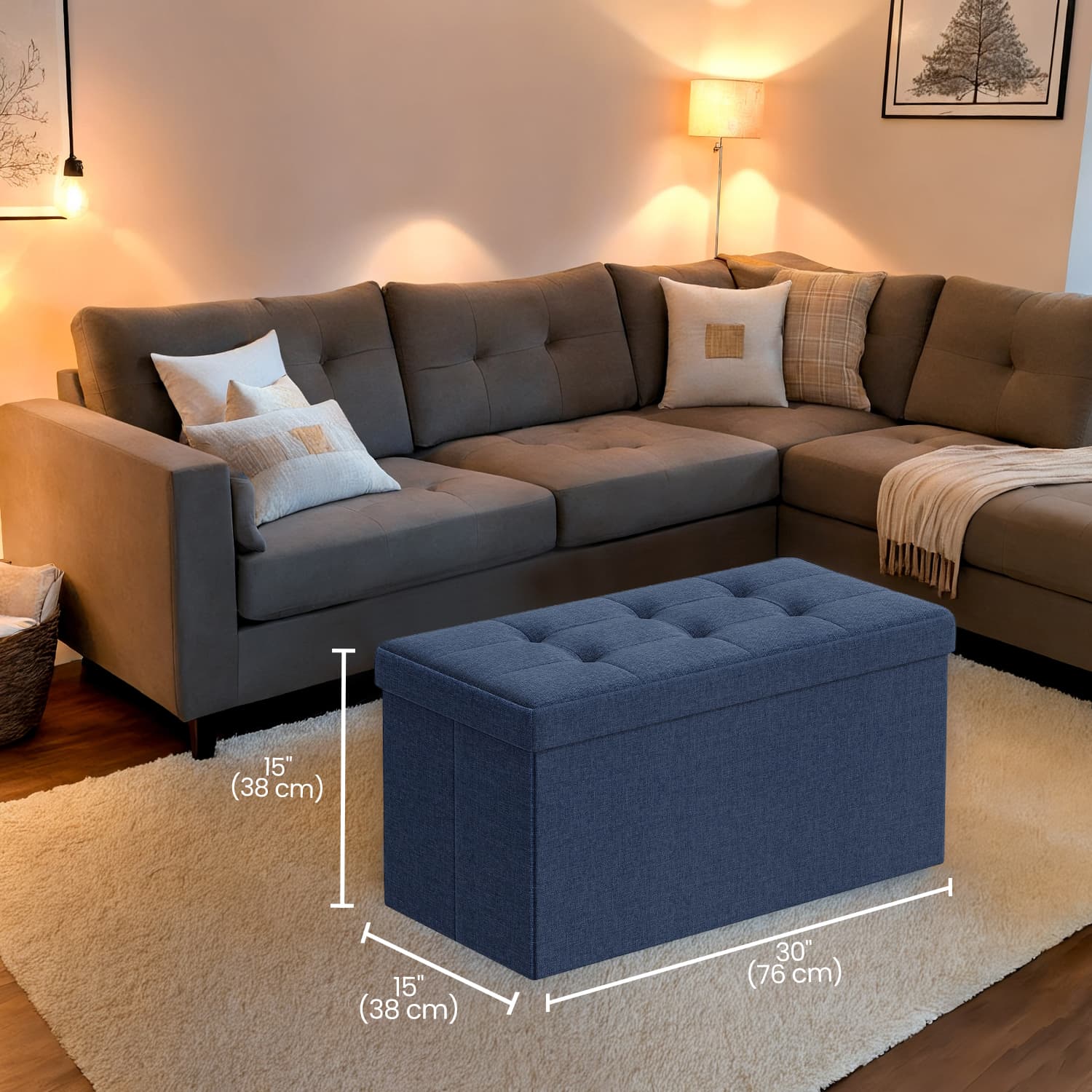 Storage Ottoman Bench - Fabric - Ink Black - Foldable with Storage
